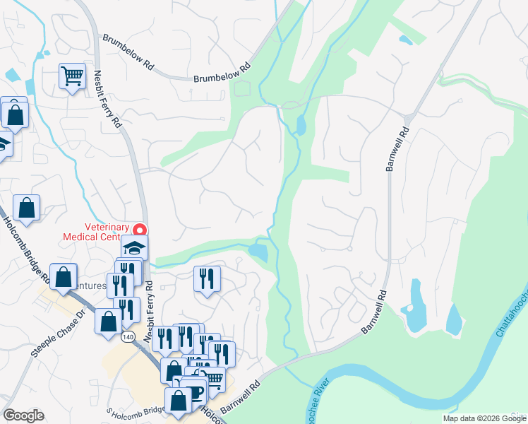 map of restaurants, bars, coffee shops, grocery stores, and more near 1300 Saint Lawrence Drive in Alpharetta