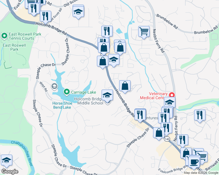 map of restaurants, bars, coffee shops, grocery stores, and more near 155 Riversong Drive in Alpharetta