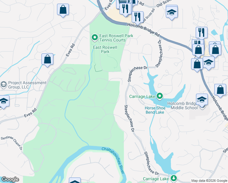 map of restaurants, bars, coffee shops, grocery stores, and more near 610 Wynfield Court in Roswell