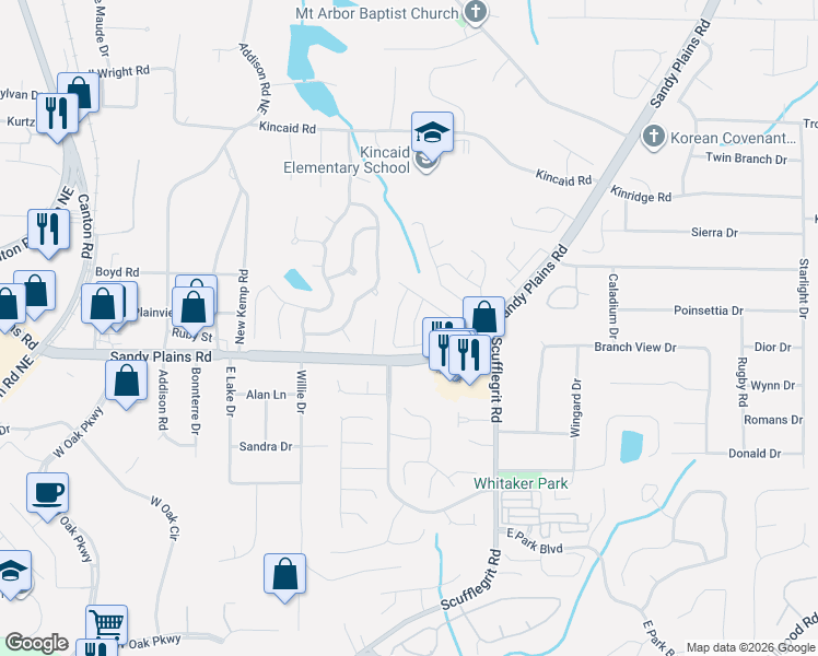 map of restaurants, bars, coffee shops, grocery stores, and more near 2088 Drogheda Lane in Marietta