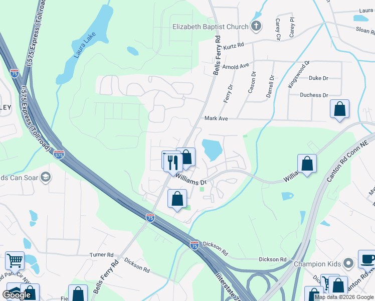 map of restaurants, bars, coffee shops, grocery stores, and more near 553 Harbor Lake Court in Marietta