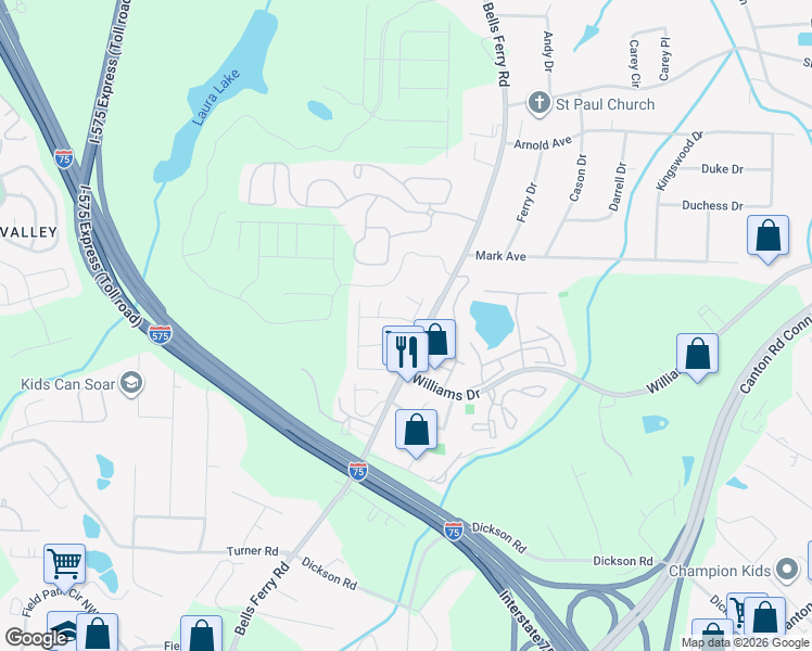 map of restaurants, bars, coffee shops, grocery stores, and more near 129 Bridge View Drive in Marietta