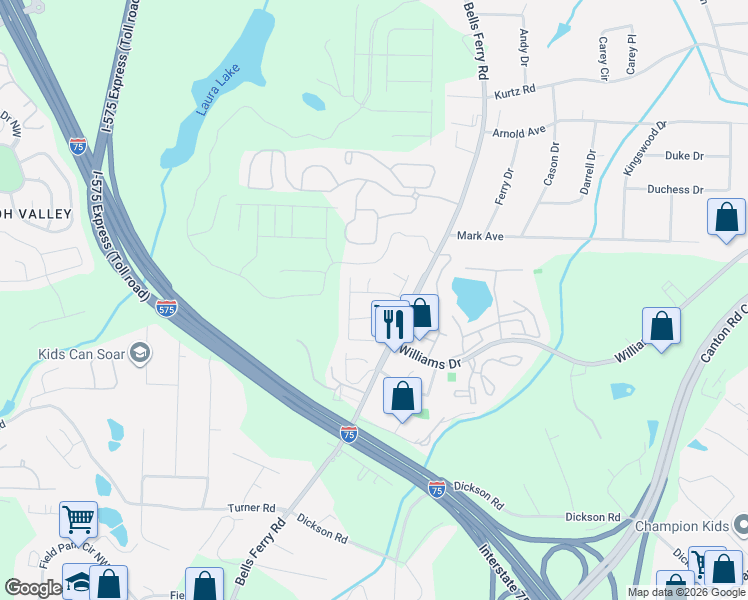 map of restaurants, bars, coffee shops, grocery stores, and more near 1847 Barrington Court in Marietta