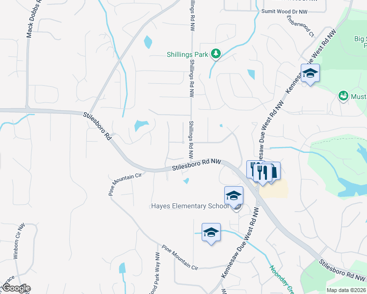 map of restaurants, bars, coffee shops, grocery stores, and more near 2888 Stilesboro Ridge Way Northwest in Kennesaw