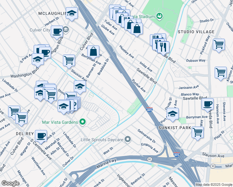map of restaurants, bars, coffee shops, grocery stores, and more near 4832 Coolidge Avenue in Culver City