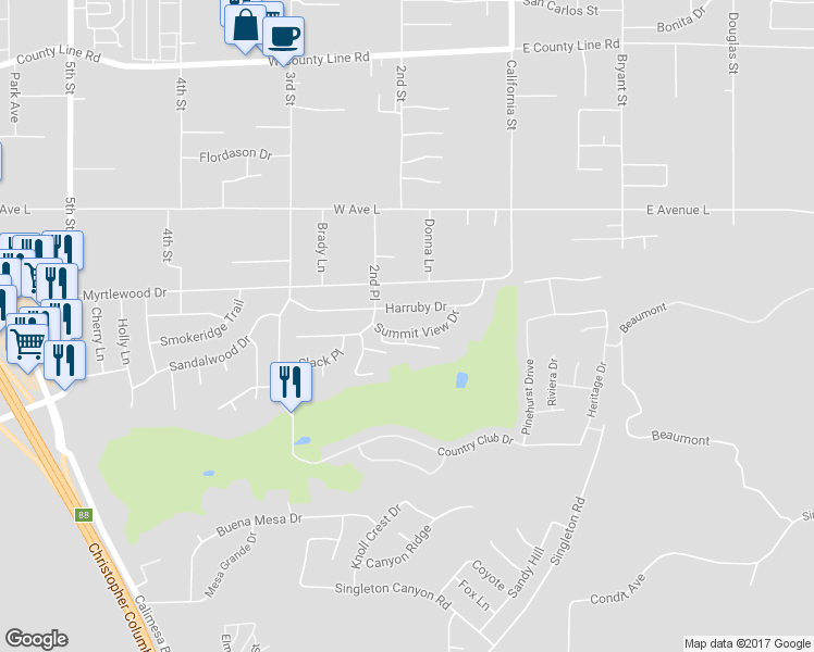 map of restaurants, bars, coffee shops, grocery stores, and more near 200 Summit View Drive in Calimesa
