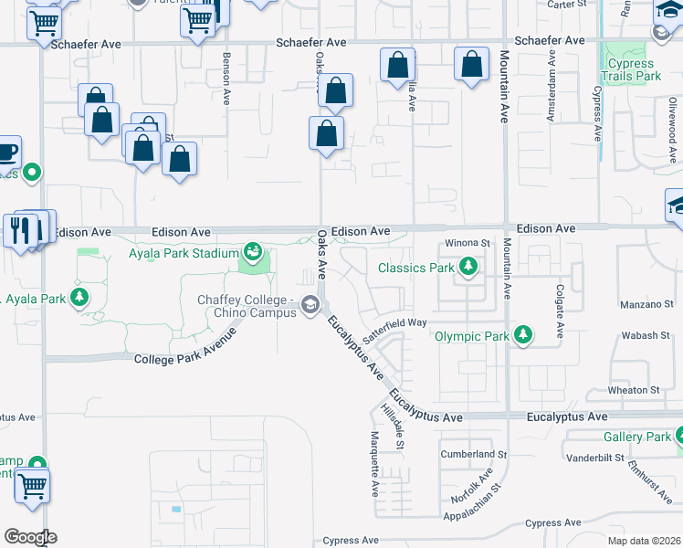 map of restaurants, bars, coffee shops, grocery stores, and more near 5906 Notre Dame Avenue in Chino