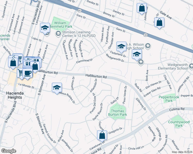 map of restaurants, bars, coffee shops, grocery stores, and more near 1940 Atlantida Drive in Hacienda Heights