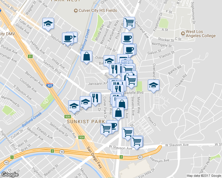 map of restaurants, bars, coffee shops, grocery stores, and more near 5487 Blanco Way in Culver City