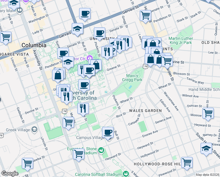 map of restaurants, bars, coffee shops, grocery stores, and more near 616 Pickens Street in Columbia