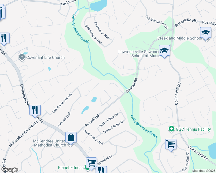 map of restaurants, bars, coffee shops, grocery stores, and more near 1725 Reynolds Mill Drive Northwest in Lawrenceville