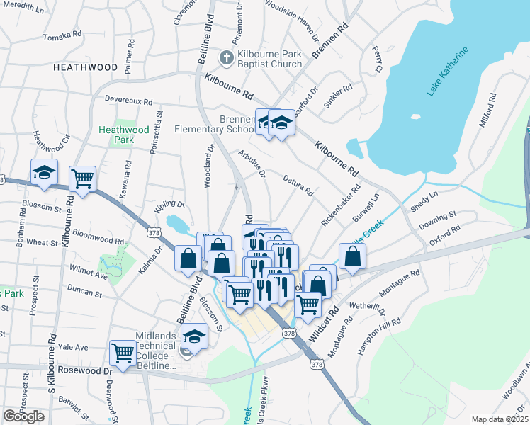 map of restaurants, bars, coffee shops, grocery stores, and more near 811 Arbutus Drive in Columbia