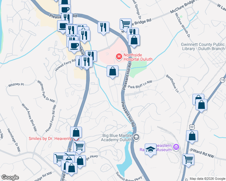 map of restaurants, bars, coffee shops, grocery stores, and more near 3694 East Bay Street in Duluth