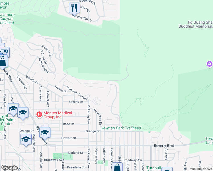 map of restaurants, bars, coffee shops, grocery stores, and more near 12638 Carinthia Drive in Whittier