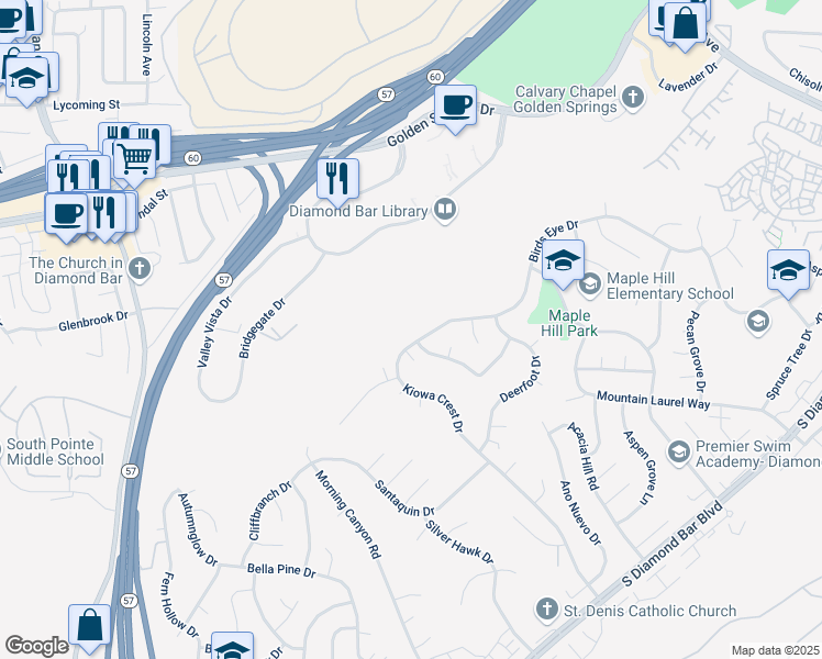 map of restaurants, bars, coffee shops, grocery stores, and more near 21955 Birds Eye Drive in Diamond Bar