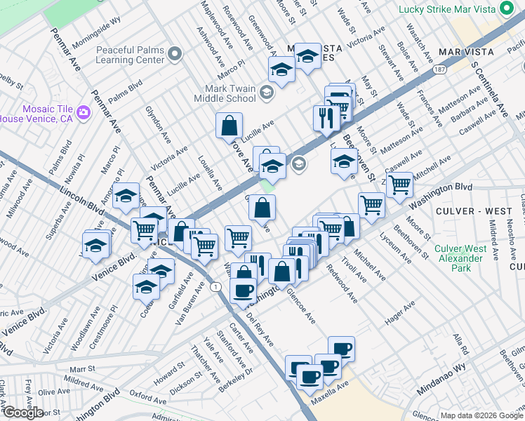 map of restaurants, bars, coffee shops, grocery stores, and more near 2450 Glencoe Avenue in Los Angeles