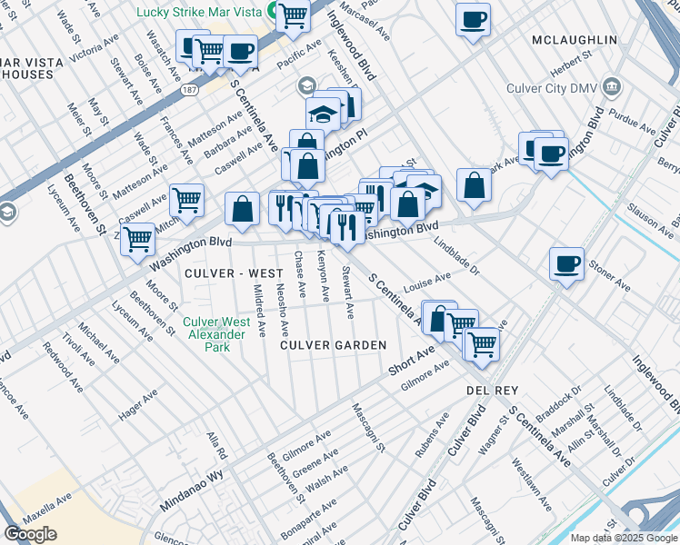 map of restaurants, bars, coffee shops, grocery stores, and more near 4221 Stewart Avenue in Los Angeles