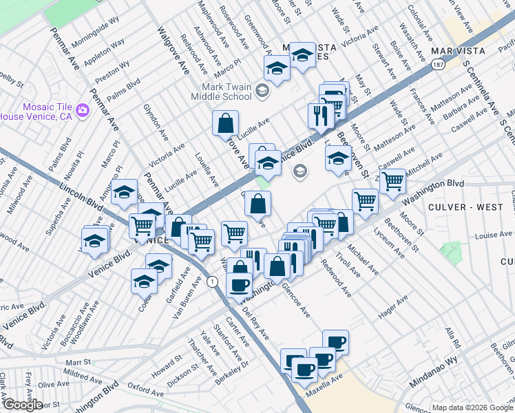 map of restaurants, bars, coffee shops, grocery stores, and more near 2450 Glencoe Avenue in Los Angeles