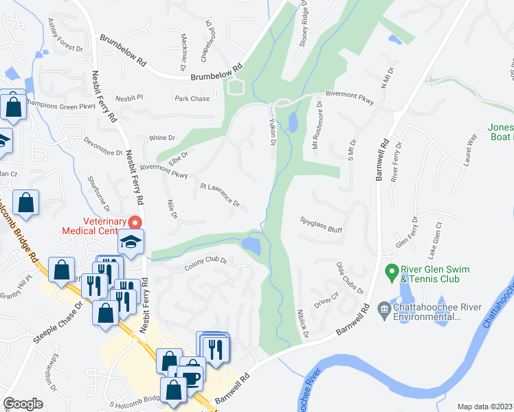 map of restaurants, bars, coffee shops, grocery stores, and more near 1300 Saint Lawrence Drive in Alpharetta