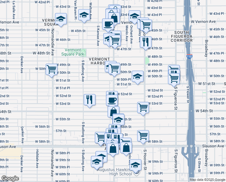 map of restaurants, bars, coffee shops, grocery stores, and more near 5161 South Vermont Avenue in Los Angeles