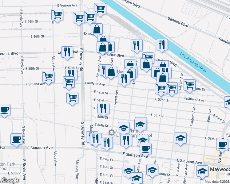 map of restaurants, bars, coffee shops, grocery stores, and more near 5117 Everett Avenue in Maywood
