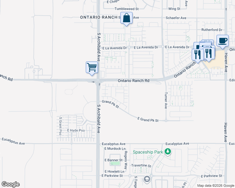 map of restaurants, bars, coffee shops, grocery stores, and more near 2615 E Date Palm Paseo in Ontario