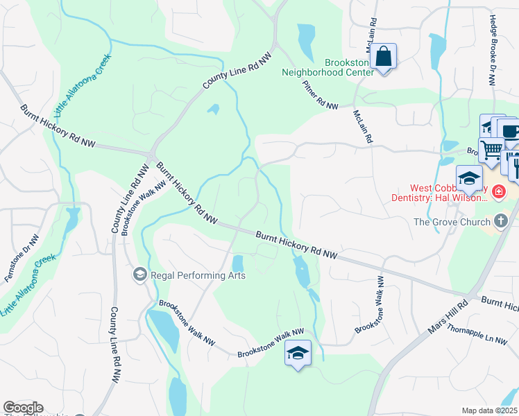 map of restaurants, bars, coffee shops, grocery stores, and more near 5659 Brookstone Drive Northwest in Acworth