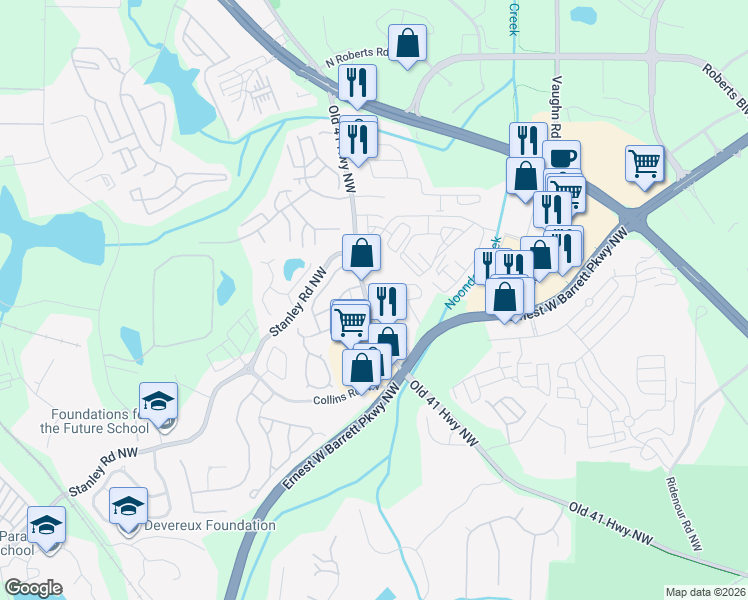 map of restaurants, bars, coffee shops, grocery stores, and more near 1750 Old 41 Highway Northwest in Kennesaw