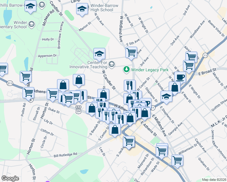 map of restaurants, bars, coffee shops, grocery stores, and more near 103 West Candler Street in Winder