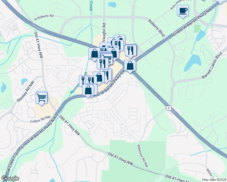 map of restaurants, bars, coffee shops, grocery stores, and more near 1240 Ridenour Boulevard Northwest in Kennesaw