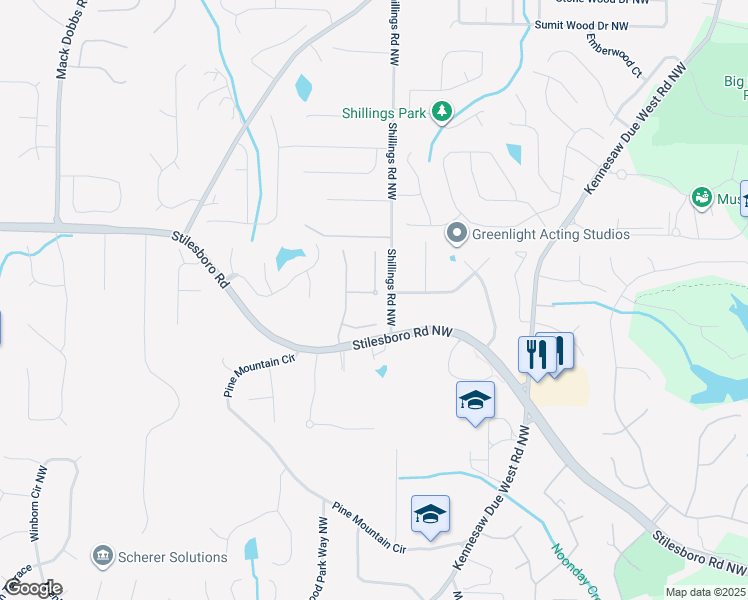 map of restaurants, bars, coffee shops, grocery stores, and more near 2888 Stilesboro Ridge Way Northwest in Kennesaw