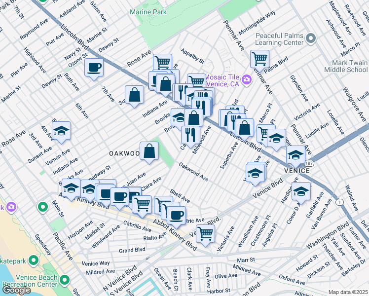 map of restaurants, bars, coffee shops, grocery stores, and more near 820 Broadway Street in Los Angeles