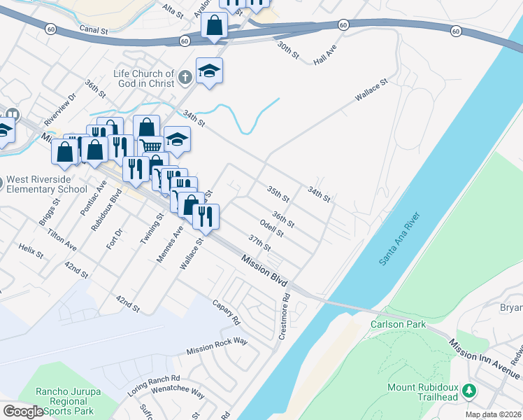 map of restaurants, bars, coffee shops, grocery stores, and more near 5354 36th Street in Riverside