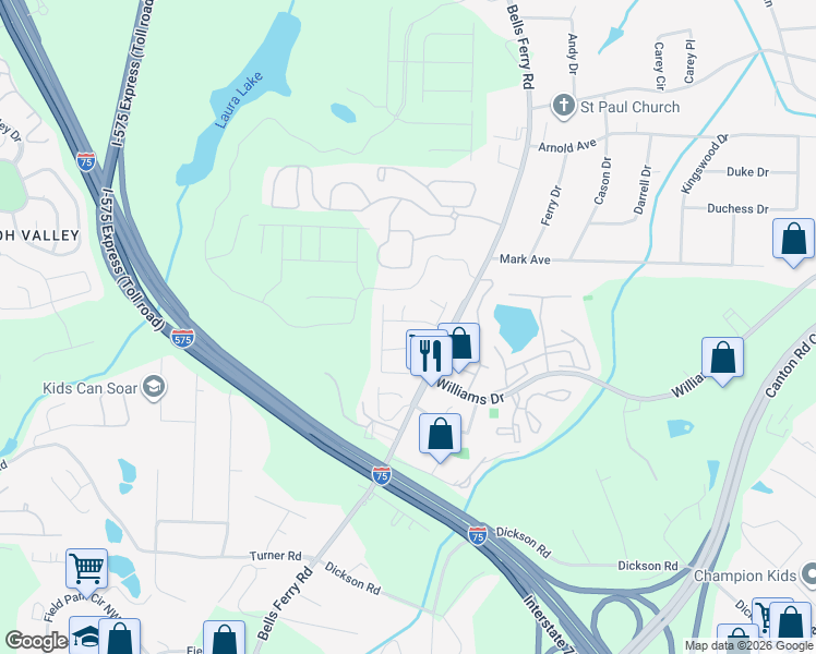 map of restaurants, bars, coffee shops, grocery stores, and more near 88 Bridge View Drive in Marietta