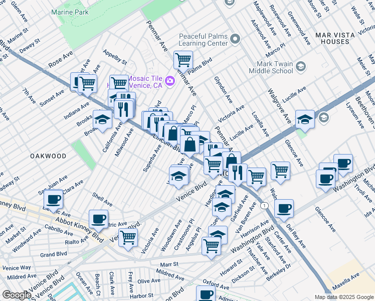 map of restaurants, bars, coffee shops, grocery stores, and more near 1021 Victoria Avenue in Los Angeles