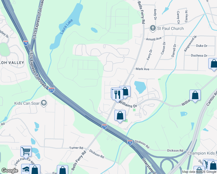 map of restaurants, bars, coffee shops, grocery stores, and more near 68 Bridge View Drive in Marietta