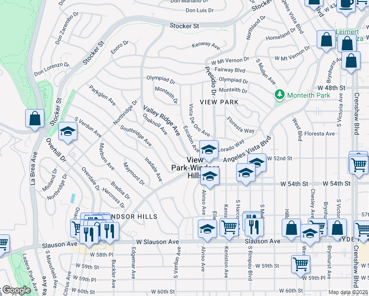 map of restaurants, bars, coffee shops, grocery stores, and more near 5138 Valley Ridge Avenue in View Park-Windsor Hills