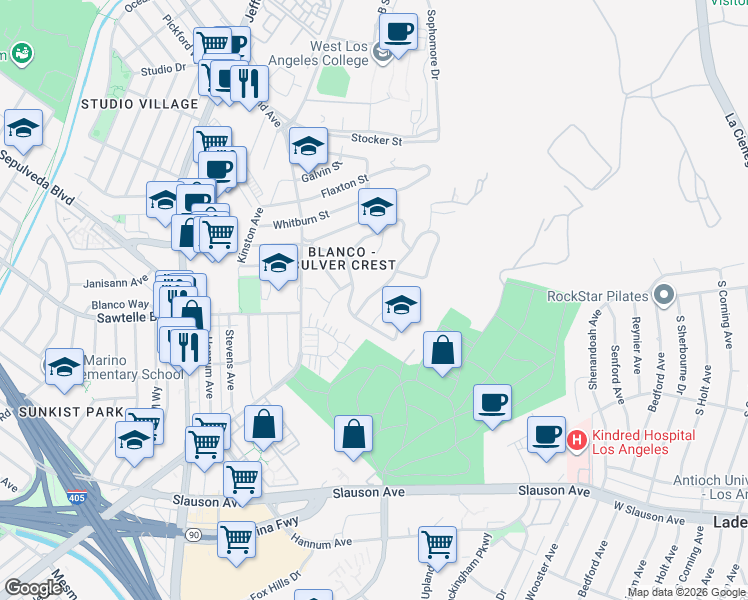 map of restaurants, bars, coffee shops, grocery stores, and more near 10746 Cranks Road in Culver City