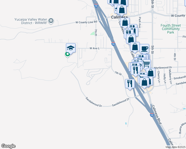map of restaurants, bars, coffee shops, grocery stores, and more near 1134 Villa Calimesa Lane in Calimesa