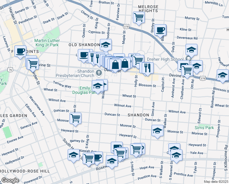 map of restaurants, bars, coffee shops, grocery stores, and more near 2729 Wheat Street in Columbia