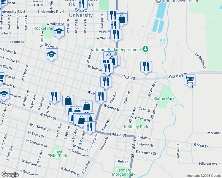 map of restaurants, bars, coffee shops, grocery stores, and more near 47 West Locust Street in Durant