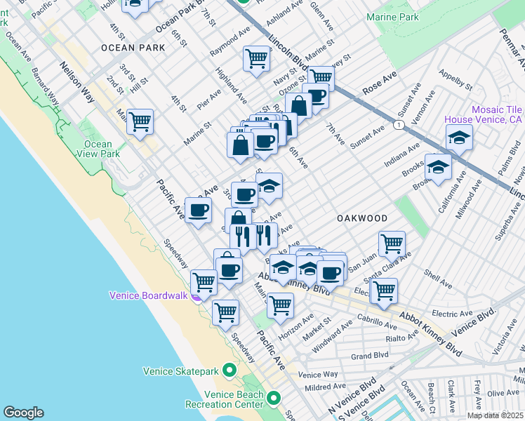 map of restaurants, bars, coffee shops, grocery stores, and more near 360 Hampton Drive in Los Angeles