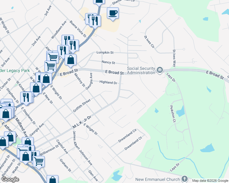 map of restaurants, bars, coffee shops, grocery stores, and more near 276 Griffith Street in Winder
