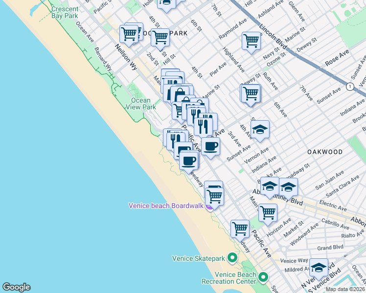 map of restaurants, bars, coffee shops, grocery stores, and more near 34 Ozone Avenue in Los Angeles