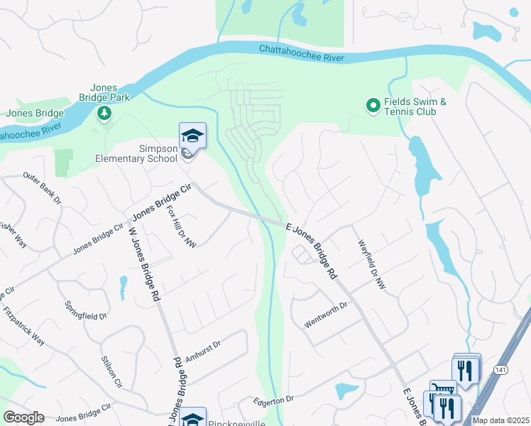 map of restaurants, bars, coffee shops, grocery stores, and more near 4427 E Jones Bridge Rd in Norcross