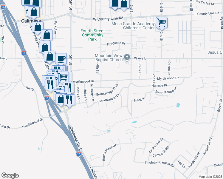 map of restaurants, bars, coffee shops, grocery stores, and more near 371 Ponderosa Trail in Calimesa