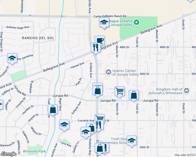 map of restaurants, bars, coffee shops, grocery stores, and more near 5014 Etiwanda Avenue in Jurupa Valley