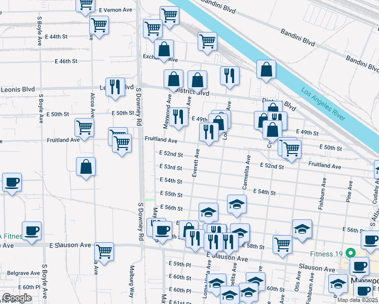 map of restaurants, bars, coffee shops, grocery stores, and more near 3598 Fruitland Avenue in Maywood
