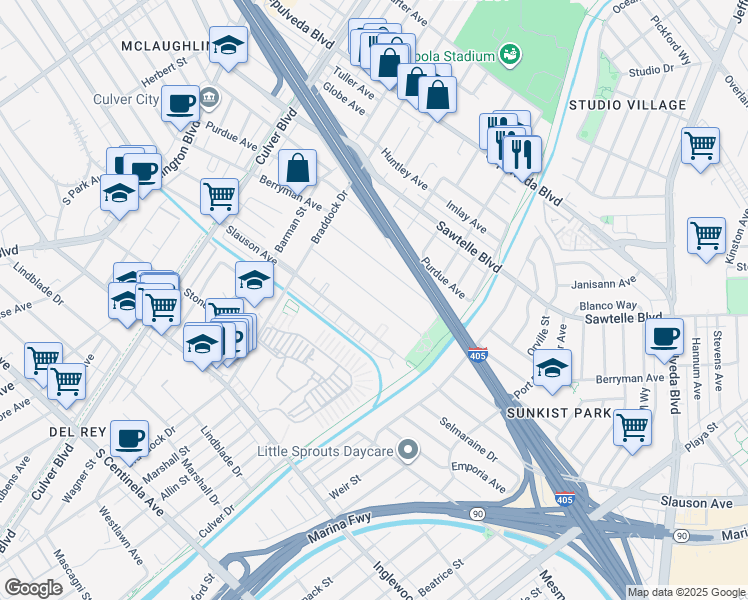map of restaurants, bars, coffee shops, grocery stores, and more near 4832 Coolidge Avenue in Culver City