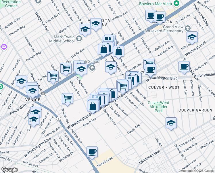 map of restaurants, bars, coffee shops, grocery stores, and more near 3924 Michael Avenue in Los Angeles